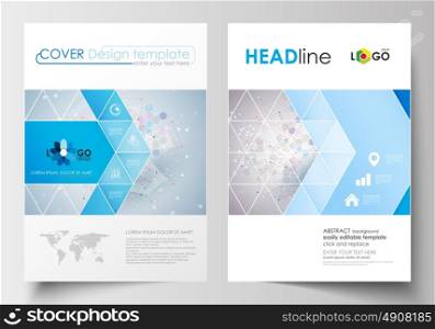 Business templates for brochure, magazine, flyer, booklet. Cover design template, abstract flat layout in A4 size. Molecule structure on blue background. Science, healthcare, medical vector.. Business templates for brochure, magazine, flyer, booklet or annual report. Cover design template, easy editable blank, abstract flat layout in A4 size. Molecule structure on blue background. Science healthcare background, medical vector.
