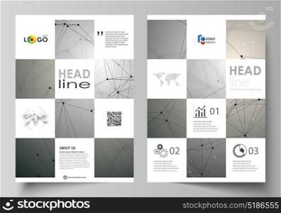 Business templates for brochure, magazine, flyer, booklet. Cover design template, flat layout in A4 size. Chemistry pattern, molecule structure on gray background. Science and technology concept.. Business templates for brochure, magazine, flyer, booklet or annual report. Cover design template, easy editable vector, abstract flat layout in A4 size. Chemistry pattern, molecule structure on gray background. Science and technology concept.