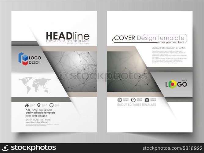 Business templates for brochure, magazine, flyer, booklet. Cover design template, flat layout in A4 size. Chemistry pattern, molecule structure on gray background. Science and technology concept.. Business templates for brochure, magazine, flyer, booklet or annual report. Cover design template, easy editable vector, abstract flat layout in A4 size. Chemistry pattern, molecule structure on gray background. Science and technology concept.