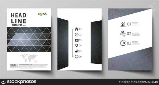 Business templates for brochure, magazine, flyer, booklet. Cover design template, vector layout in A4 size. Colorful dark background with abstract lines. Bright color chaotic, random, messy curves.. Business templates for brochure, magazine, flyer, booklet or annual report. Cover design template, easy editable vector, abstract flat layout in A4 size. Colorful dark background with abstract lines. Bright color chaotic, random, messy curves. Colourful vector decoration.