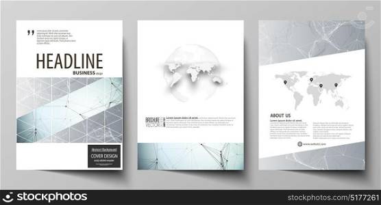 Business templates for brochure, magazine, flyer, booklet. Cover design template, vector layout in A4 size. Chemistry pattern, connecting lines and dots, molecule structure, medical DNA research. Business templates for brochure, magazine, flyer, booklet. Cover design template, vector layout in A4 size. Chemistry pattern, connecting lines and dots, molecule structure, medical DNA research.