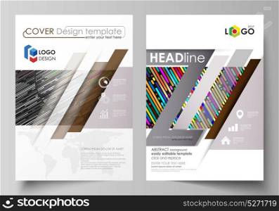 Business templates for brochure, magazine, flyer, booklet. Cover design template, vector layout in A4 size. Colorful background made of stripes. Abstract tubes and dots. Glowing multicolored texture.. Business templates for brochure, magazine, flyer, booklet. Cover design template, vector layout in A4 size. Colorful background made of stripes. Abstract tubes and dots. Glowing multicolored texture