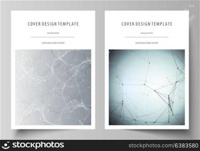 Business templates for brochure, magazine, flyer, booklet. Cover design template, vector layout in A4 size. Chemistry pattern, connecting lines and dots, molecule structure, medical DNA research.. Business templates for brochure, magazine, flyer, booklet or annual report. Cover design template, easy editable vector, abstract flat layout in A4 size. Chemistry pattern, connecting lines and dots, molecule structure, scientific medical DNA research.