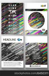 Business templates for brochure, magazine, flyer, booklet. Cover design template, vector layout in A4 size. Colorful background made of stripes. Abstract tubes and dots. Glowing multicolored texture.. Business templates for brochure, magazine, flyer, booklet or annual report. Cover design template, easy editable vector, abstract flat layout in A4 size. Colorful background made of stripes. Abstract tubes and dots. Glowing multicolored texture.