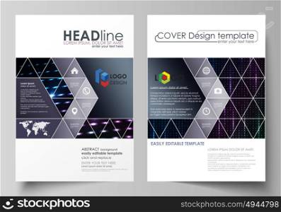 Business templates for brochure, magazine, flyer, booklet. Cover template, layout in A4 format. Abstract colorful neon dots, dotted background. Glowing particles, led light pattern, vector design.. Business templates for brochure, magazine, flyer, booklet or annual report. Cover design template, easy editable vector, abstract flat layout in A4 size. Abstract colorful neon dots, dotted technology background. Glowing particles, led light pattern, futuristic texture, digital vector design.