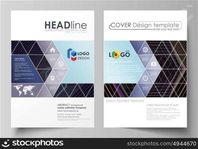 Business templates for brochure, magazine, flyer, booklet. Cover template, vector layout in A4 size. Abstract polygonal background with hexagons. Black color geometric design, hexagonal geometry.. Business templates for brochure, magazine, flyer, booklet or annual report. Cover design template, easy editable vector, abstract flat layout in A4 size. Abstract polygonal background with hexagons, illusion of depth and perspective. Black color geometric design, hexagonal geometry.