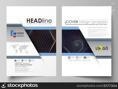 Business templates for brochure, magazine, flyer, booklet. Cover template, vector layout in A4 size. Abstract polygonal background with hexagons. Black color geometric design, hexagonal geometry. Business templates for brochure, magazine, flyer, booklet. Cover template, vector layout in A4 size. Abstract polygonal background with hexagons. Black color geometric design, hexagonal geometry.