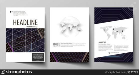 Business templates for brochure, magazine, flyer, booklet. Cover template, vector layout in A4 size. Abstract polygonal background with hexagons. Black color geometric design, hexagonal geometry.. Business templates for brochure, magazine, flyer, booklet or annual report. Cover design template, easy editable vector, abstract flat layout in A4 size. Abstract polygonal background with hexagons, illusion of depth and perspective. Black color geometric design, hexagonal geometry.