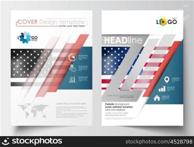 Business templates for brochure, magazine, flyer, booklet or annual report. Cover design template, easy editable blank, abstract flat layout in A4 size. Patriot Day background with american flag, vector illustration.