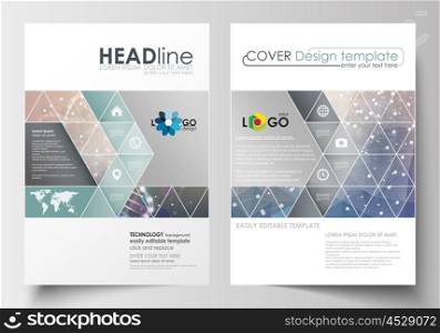 Business templates for brochure, magazine, flyer, booklet or annual report. Cover design template, easy editable blank, abstract flat layout in A4 size. DNA molecule structure on blue background. Scientific research, medical technology.