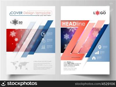 Business templates for brochure, magazine, flyer, booklet or annual report. Cover design template, easy editable blank, abstract flat layout in A4 size. Christmas decoration, vector background with shiny snowflakes.