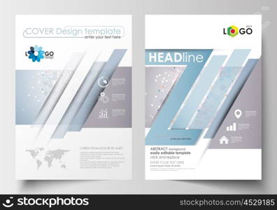 Business templates for brochure, magazine, flyer, booklet or annual report. Cover design template, easy editable blank, abstract flat layout in A4 size. Molecule structure on blue background. Science healthcare background, medical vector.