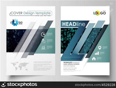Business templates for brochure, magazine, flyer, booklet or annual report. Cover design template, easy editable blank, abstract flat layout in A4 size. Virtual reality, color code streams glowing on screen, abstract technology background with symbols.