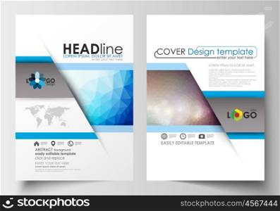 Business templates for brochure, magazine, flyer, booklet or annual report. Cover design template, easy editable blank, abstract flat layout in A4 size. Abstract triangles, blue triangular background, modern colorful polygonal vector.