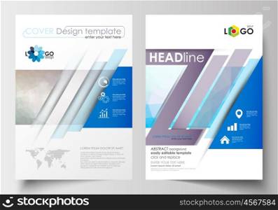 Business templates for brochure, magazine, flyer, booklet or annual report. Cover design template, easy editable blank, abstract flat layout in A4 size. Abstract triangles, blue triangular background, modern colorful polygonal vector.