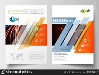 Business templates for brochure, magazine, flyer, booklet or annual report. Cover design template, easy editable blank, abstract flat layout in A4 size. Abstract lines background with color glowing neon streams, motion design vector.