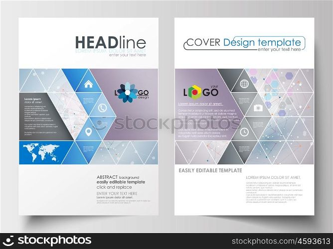 Business templates for brochure, magazine, flyer, booklet or annual report. Cover design template, easy editable blank, abstract flat layout in A4 size. Molecule structure on blue background. Science healthcare background, medical vector.
