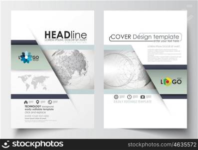 Business templates for brochure, magazine, flyer, booklet or annual report. Cover design template, easy editable blank, abstract flat layout in A4 size. Dotted world globe with construction and polygonal molecules on gray background, vector illustration