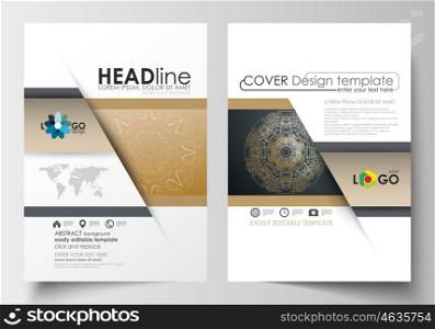 Business templates for brochure, magazine, flyer, booklet or annual report. Cover design template, easy editable blank, abstract flat layout in A4 size. Golden technology background, connection structure with connecting dots and lines, science vector.