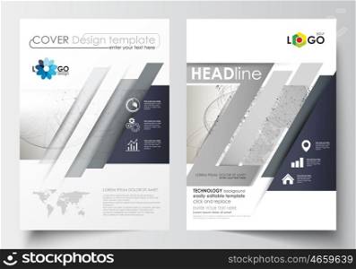 Business templates for brochure, magazine, flyer, booklet or annual report. Cover design template, easy editable blank, abstract flat layout in A4 size. Dotted world globe with construction and polygonal molecules on gray background, vector illustration