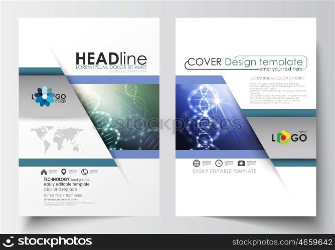 Business templates for brochure, magazine, flyer, booklet or annual report. Cover design template, easy editable blank, abstract flat layout in A4 size. DNA molecule structure, science background. Scientific research, medical technology.