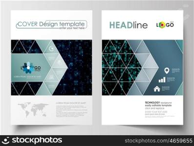 Business templates for brochure, magazine, flyer, booklet or annual report. Cover design template, easy editable blank, abstract flat layout in A4 size. Virtual reality, color code streams glowing on screen, abstract technology background with symbols.