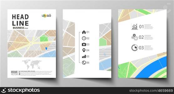 Business templates for brochure, magazine, flyer, booklet or annual report. Cover design template, easy editable blank, abstract flat layout in A4 size. City map with streets. Flat design template for tourism businesses, abstract vector illustration.
