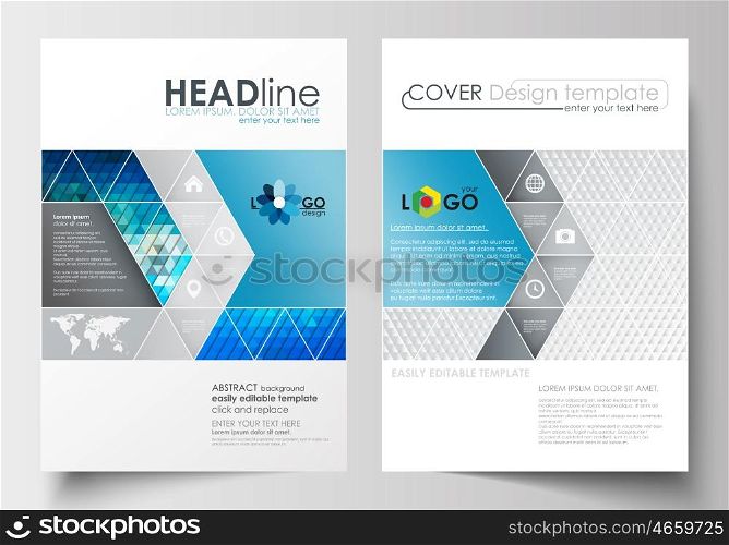 Business templates for brochure, magazine, flyer, booklet or annual report. Cover design template, easy editable blank, abstract flat layout in A4 size. Abstract triangles, blue and gray triangular background, modern polygonal vector.
