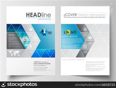 Business templates for brochure, magazine, flyer, booklet or annual report. Cover design template, easy editable blank, abstract flat layout in A4 size. Abstract triangles, blue and gray triangular background, modern polygonal vector.