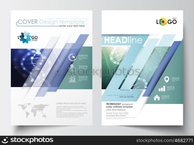 Business templates for brochure, magazine, flyer, booklet or annual report. Cover design template, easy editable blank, abstract flat layout in A4 size. DNA molecule structure, science background. Scientific research, medical technology.