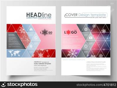 Business templates for brochure, magazine, flyer, booklet or annual report. Cover design template, easy editable blank, abstract flat layout in A4 size. Christmas decoration, vector background with shiny snowflakes.