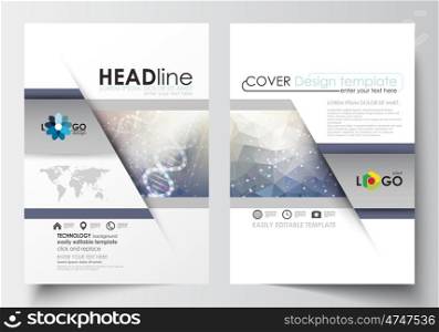 Business templates for brochure, magazine, flyer, booklet or annual report. Cover design template, easy editable blank, abstract flat layout in A4 size. DNA molecule structure on blue background. Scientific research, medical technology.