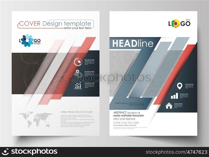 Business templates for brochure, magazine, flyer, booklet or annual report. Cover design template, easy editable blank, abstract flat layout in A4 size. Abstract 3D construction and polygonal molecules on gray background, scientific technology vector.