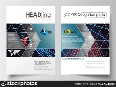 Business templates for brochure, magazine, flyer, booklet or annual report. Cover design template, easy editable blank, abstract flat layout in A4 size. Abstract lines background with color glowing neon streams, motion design vector.