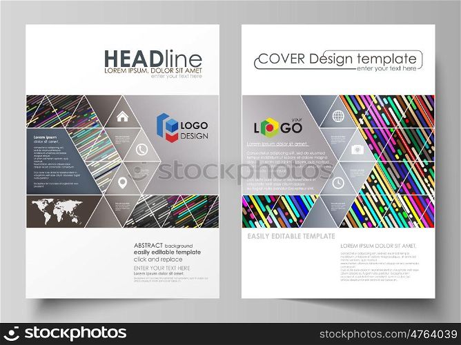 Business templates for brochure, magazine, flyer, booklet or annual report. Cover design template, easy editable vector, abstract flat layout in A4 size. Colorful background made of stripes. Abstract tubes and dots. Glowing multicolored texture.