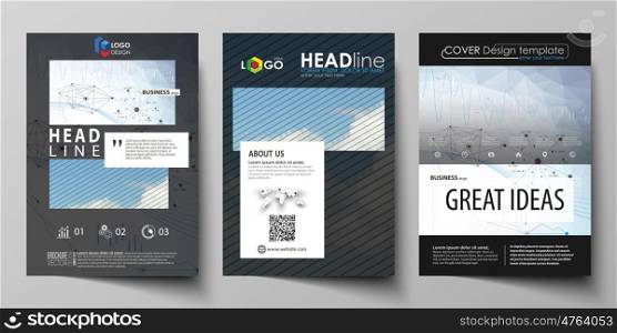 Business templates for brochure, magazine, flyer, booklet or annual report. Cover design template, easy editable vector, abstract flat layout in A4 size. Blue color abstract infographic background in minimalist style made from lines, symbols, charts, diagrams and other elements.