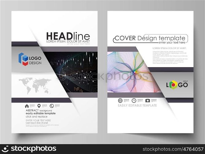 Business templates for brochure, magazine, flyer, booklet or annual report. Cover design template, easy editable vector, abstract flat layout in A4 size. Colorful abstract infographic background in minimalist style made from lines, symbols, charts, diagrams and other elements.