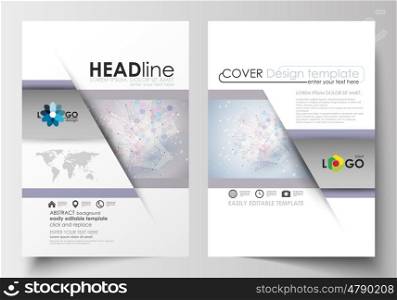 Business templates for brochure, magazine, flyer, booklet or annual report. Cover design template, easy editable blank, abstract flat layout in A4 size. Molecule structure on blue background. Science healthcare background, medical vector.