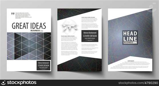 Business templates for brochure, magazine, flyer, booklet or annual report. Cover design template, easy editable vector, abstract flat layout in A4 size. Colorful dark background with abstract lines. Bright color chaotic, random, messy curves. Colourful vector decoration.
