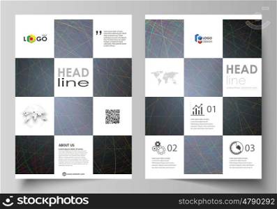Business templates for brochure, magazine, flyer, booklet or annual report. Cover design template, easy editable vector, abstract flat layout in A4 size. Colorful dark background with abstract lines. Bright color chaotic, random, messy curves. Colourful vector decoration.