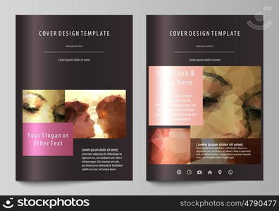 Business templates for brochure, magazine, flyer, booklet or annual report. Cover design template, easy editable vector, abstract flat layout in A4 size. Romantic couple kissing. Beautiful background. Geometrical pattern in triangular style.