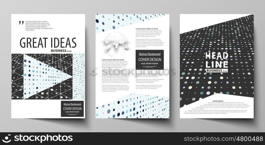 Business templates for brochure, magazine, flyer, booklet or annual report. Cover design template, easy editable vector, abstract flat layout in A4 size. Abstract soft color dots with illusion of depth and perspective, dotted technology background. Multicolored particles, modern pattern, elegant texture, vector design.