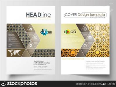 Business templates for brochure, magazine, flyer, booklet or annual report. Cover design template, easy editable blank, abstract flat layout in A4 size. Islamic gold pattern, overlapping geometric shapes forming abstract ornament. Vector golden texture.