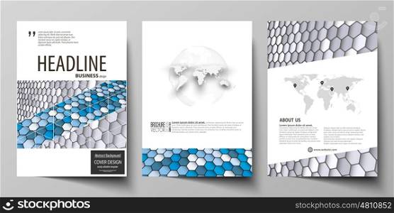 Business templates for brochure, magazine, flyer, booklet or annual report. Cover design template, easy editable vector, abstract flat layout in A4 size. Blue and gray color hexagons in perspective. Abstract polygonal style modern background.