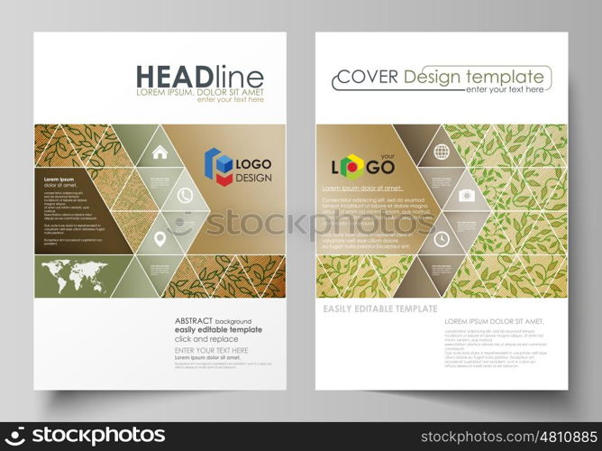 Business templates for brochure, magazine, flyer, booklet or annual report. Cover design template, easy editable vector, abstract flat layout in A4 size. Abstract green color wooden design.Texture with leaves. Spa concept natural pattern in linear style. Vector decoration for fashion, cosmetics, beauty industry.