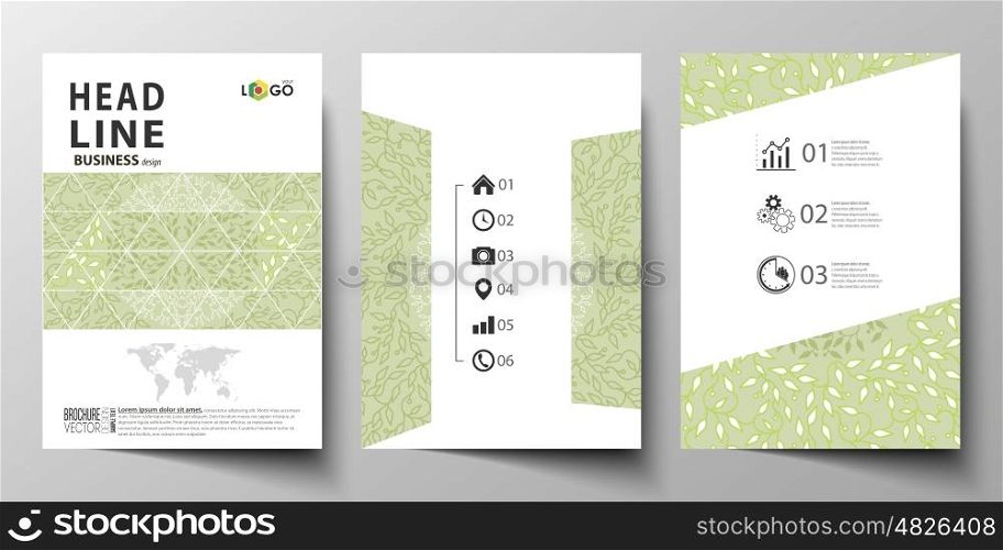 Business templates for brochure, magazine, flyer, booklet or annual report. Cover design template, easy editable vector, abstract flat layout in A4 size. Green color background with leaves. Spa concept in linear style. Vector decoration for cosmetics, beauty industry.