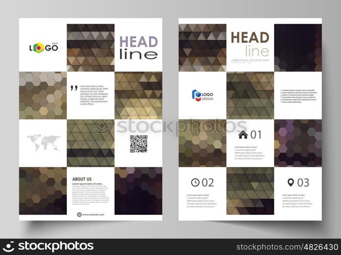 Business templates for brochure, magazine, flyer, booklet or annual report. Cover design template, easy editable vector, abstract flat layout in A4 size. Abstract backgrounds. Geometrical patterns. Triangular and hexagonal style.