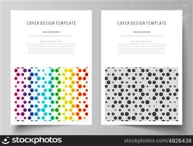 Business templates for brochure, magazine, flyer, booklet or annual report. Cover design template, easy editable vector, abstract flat layout in A4 size. Chemistry pattern, hexagonal design molecule structure, scientific, medical DNA research. Geometric colorful background.