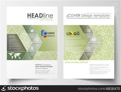 Business templates for brochure, magazine, flyer, booklet or annual report. Cover design template, easy editable vector, abstract flat layout in A4 size. Green color background with leaves. Spa concept in linear style. Vector decoration for cosmetics, beauty industry.