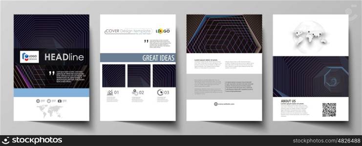 Business templates for brochure, magazine, flyer, booklet or annual report. Cover design template, easy editable vector, abstract flat layout in A4 size. Abstract polygonal background with hexagons, illusion of depth and perspective. Black color geometric design, hexagonal geometry.